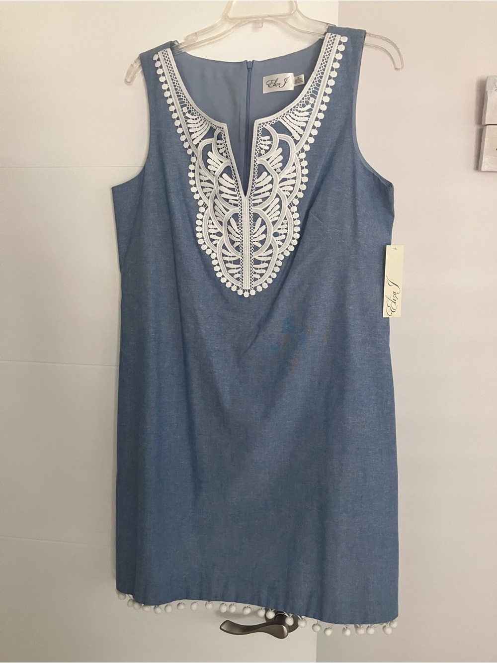 Eliza J Blue Chambray back zip Dress with White Lace Trim